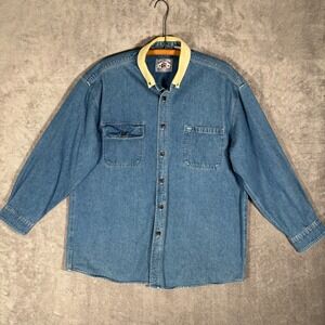 VTG American Blue Authentic Denim Chore Shirt Mens XL Corduroy Collar Button Up